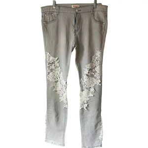 Youboya Y2K Women’s Mid Rise Jeans Size 34/M Light Wash Gray Lace Fairy Pockets